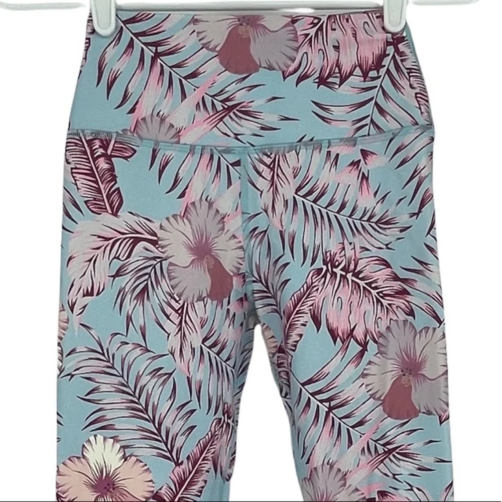 SPIRITUAL GANGSTER TROPICAL HAWAIIAN PRINT BLUE PINK HIGH RISE LEGGINGS SMALL - Picture 3 of 5